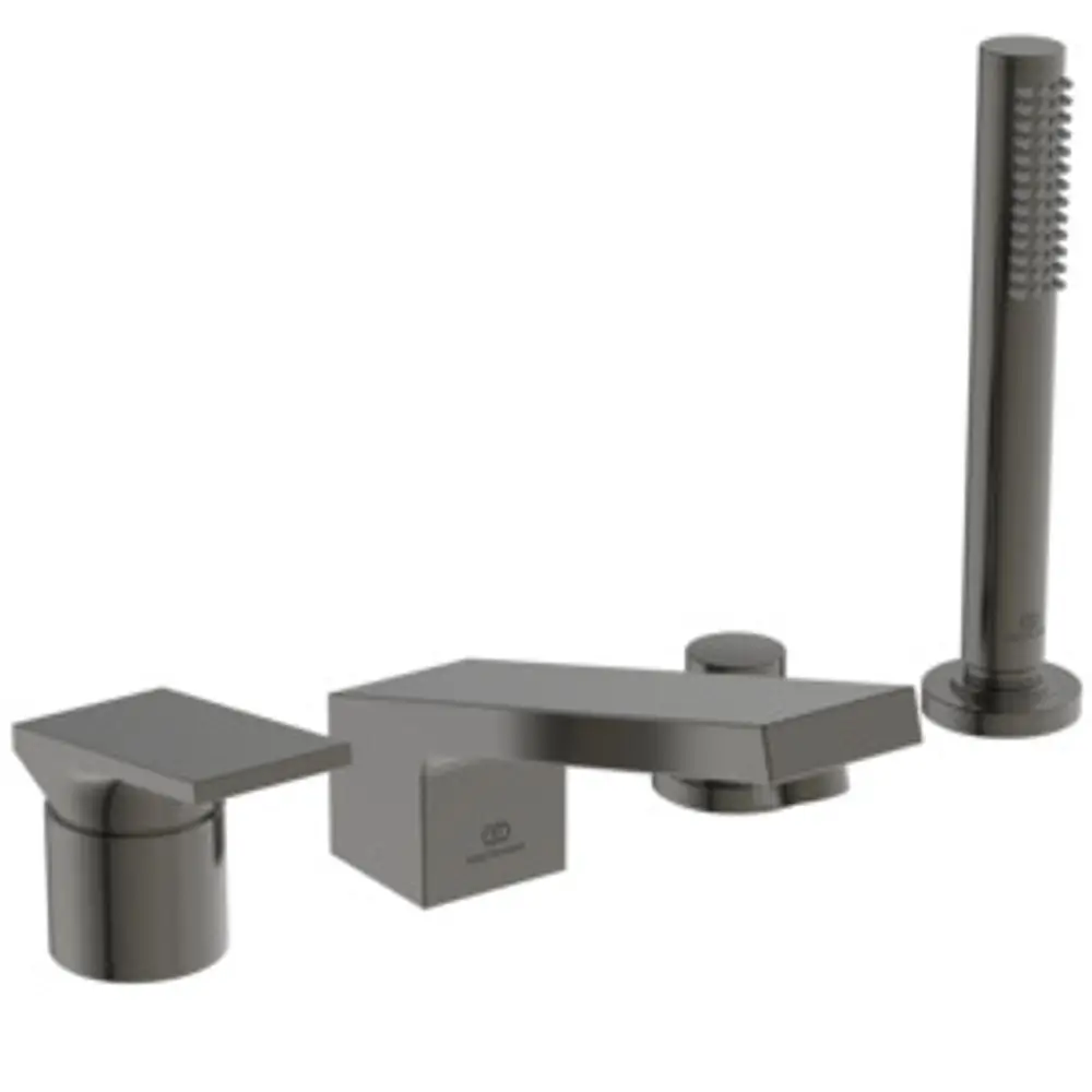 4-Loch-Badearmatur von Ideal Standard in Magnetic Grey, mit zwei Steuerungen und einem Wanneneinlauf, geeignet für moderne Badezimmerinstallationen.